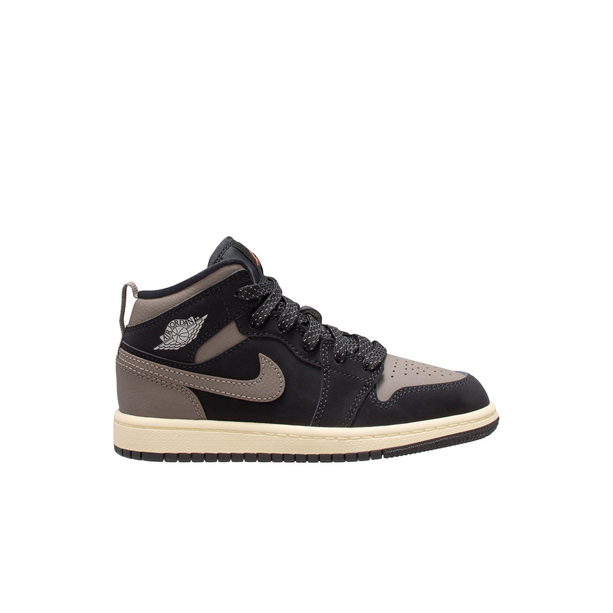 Jordan 1 Mid SE "Black/Olive Grey/Lt Wild Mango/Muslin" Preschool Boys' Shoe - BLACK/OLIVE